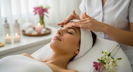 Young woman receiving facial massage in a spa with soft lighting and floral decor.