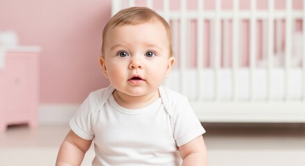 A curious baby in a white bodysuit sits in a nursery with a pink crib and dresser.