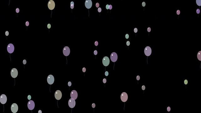 Many balloons rise here and there against a black background (Seamless Loop)