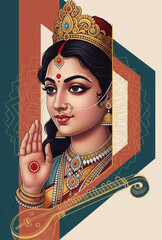 Artistic Portrait of Goddess Saraswati with Veena and Geometric Design Hindu goddess