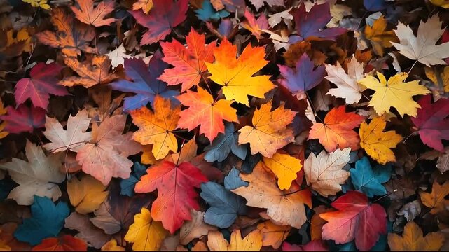Colorful autumn leaves scattered on the ground in a vibrant forest