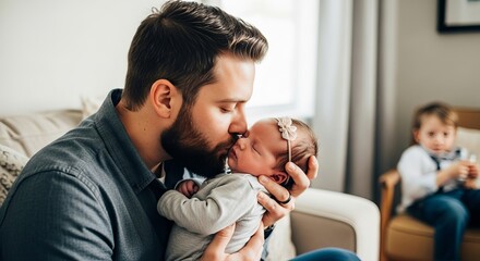 Bearded father kissing newborn baby on couch indoors