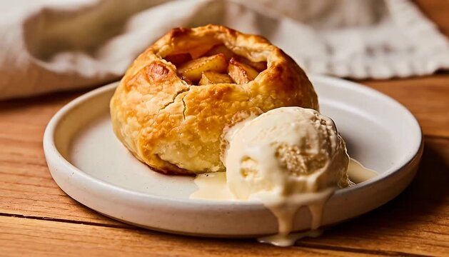 Warm apple pastry and melting ice cream dessert plate presentation golden crust flaky baked goods, flaky.