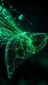 Digital Liver: A mesmerizing digital rendering of a liver, pulsing with vibrant green light against a dark backdrop, showcasing the beauty and complexity of human anatomy and scientific innovation.