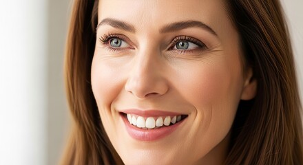 A Caucasian woman with brown hair, wearing a casual top, smiles looking to the side with a blurred white background.