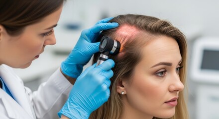 Dermatologist examining woman's scalp with dermatoscope in medical office