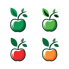 Collection of vibrant stylized apple icons with leaves, representing fresh organic produce, healthy eating, and natural growth through a modern graphic design approach