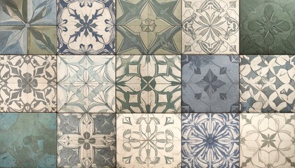 Vintage tiles with intricate floral patterns and geometric designs