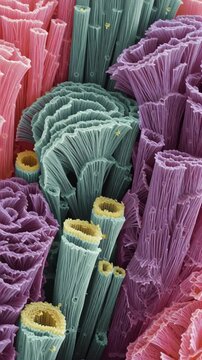 Vibrant Microscopic Structures: An eye-level perspective reveals an intricate and colorful microscopic world, showcasing the complexity and beauty of cellular formations.