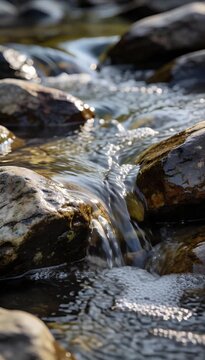 Natural rock stream water flow ripple stone creek peaceful nature detail sunlight texture serene natural stream flowing water over river rock and stone small creek gentle ripple and foam cascade