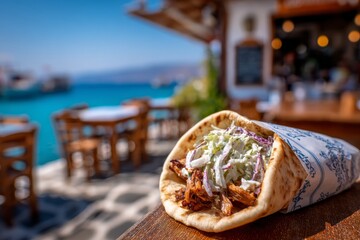 Delicious wrap filled with tender meat, fresh vegetables, and creamy sauce, placed on a wooden table, with a scenic waterfront view in the background, showcasing culinary delight