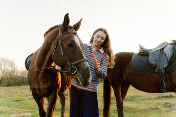 In a peaceful field at sunset, a young girl gently offers a carrot to her horse, showcasing a bonding moment filled with love and trust. Another horse stands nearby, adding to the tranquil scene.