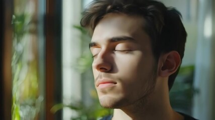 Young man practicing mindfulness near window
