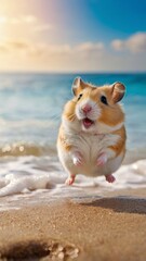 A funny hamster dances on the seashore. cute crazy hamster funny jumps in a dance for joy.