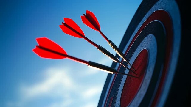 Three Red Darts Hitting Bullseye on Target