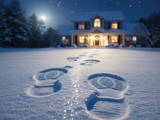 Snowy night scene with footprints leading to a warmly lit house under a full moon with trees and a starry sky with footprints in snow and snowy landscape