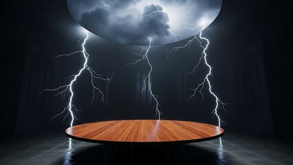 Round Wooden Platform Inside Dark Space with Lightning Coming Through Circular Sky Opening