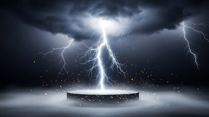 Stone Podium in Misty Environment with Powerful Vertical Lightning Strike and Floating Embers