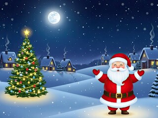 Santa claus in a snowy village with a christmas tree on a winter night with a full moon with holiday and festive and seasonal and red and white