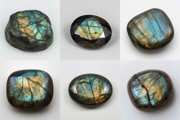 Labradorite gemstones displays a vibrant blue and gold iridescence. Optical effect caused by light diffraction within the stone's layers.