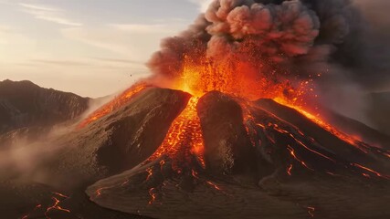 Dramatic eruption scene with lava flow, volcanic ash, and smoke at sunset - Powered by Adobe