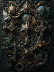 Mystical symbols, and lush green foliage within a dark frame. This complex, rich illustration evokes a sense of antique mystery and gothic steampunk design.