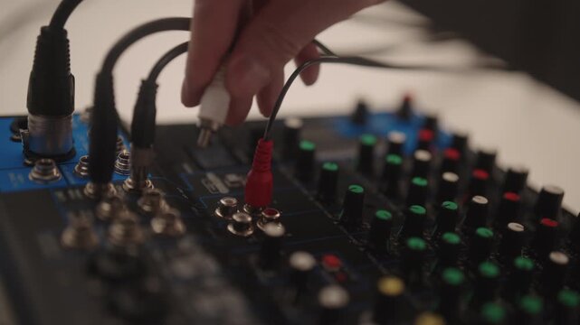 Hand connecting RCA audio cables to professional mixing console, close-up setup for sound engineering, music production, broadcast or live performance recording and testing. Shooting in slow motion.