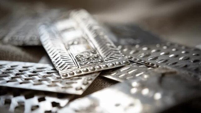 Closeup of raw tinplate jewelry components showcasing detailed stamped patterns highlighting the unrefined metallic texture and industrial craftsmanship.