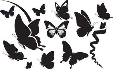 Silhouette of multiple butterflies isolated on transparent background