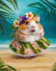 A funny hamster in a Hawaiian dress dances on the seashore. cute crazy hamster funny jumps in a dance for joy.