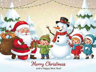 Merry christmas scene with santa claus and children with snowman in winter landscape with snow covered trees and string lights with holiday and festive
