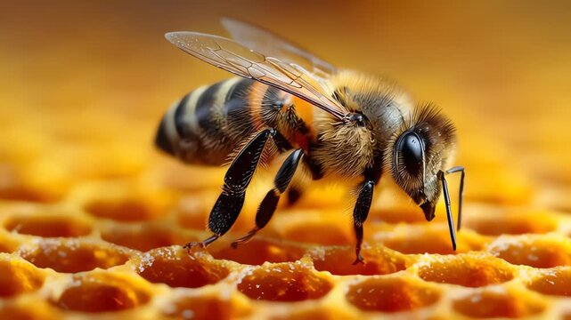 Close-up of a honeybee on honeycomb in natural setting