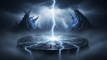 Stone Platform on Misty Lake Surrounded by Jagged Peaks and Central Lightning Strike