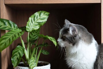 Cute White and Grey Cat Relaxing Among Indoor Houseplants: Feline Curiosity and Companion in Cozy Home Decor with Green Leaves and Natural Light