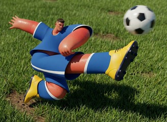 3D Stylized Soccer Player Kicking Ball on Grass Field