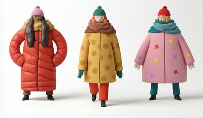 3D Cartoon Illustration of Three Women in Colorful Winter Coats