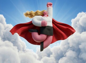 3D Stylized Superwoman Flying in Sky with Red Cape