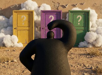 3D Illustration of Figure Choosing Between Three Mystery Doors