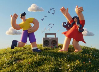 3D Cartoon Illustration of Happy Couple Dancing to Music Outdoors