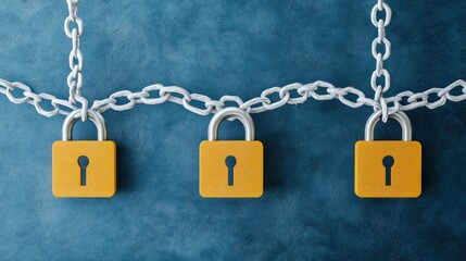 Yellow padlocks secured by chains on a blue wall