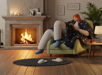 3D Cartoon Illustration of Woman Reading by Cozy Fireplace