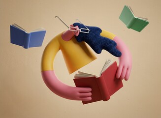 3D Cartoon Illustration of Abstract Character Immersed in Reading