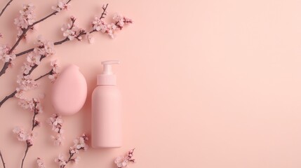 Pink beauty products with spring blossoms