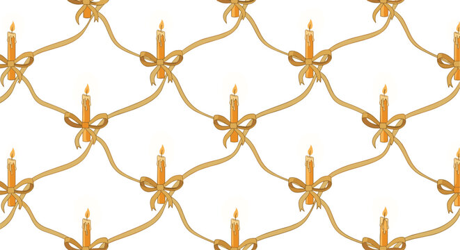 Festive seamless pattern showcasing classic lit candles with golden bows and flowing ribbons, perfect for holiday and elegant themes.