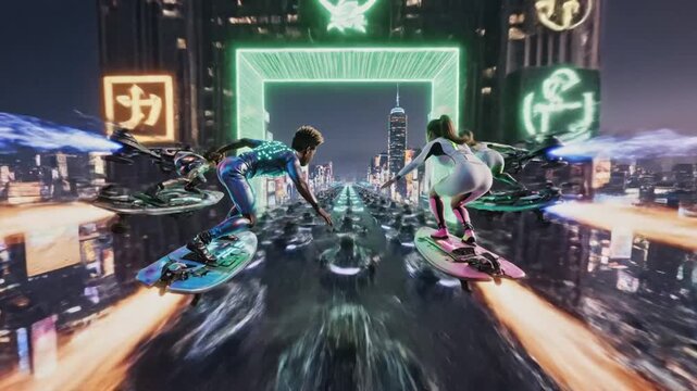 Futuristic flying boarders: people soaring above a viintimate apparelnt cyberpunk cityscape on sleek, metallic hoverboards, navigating between towering buildings.