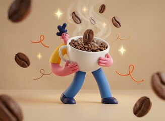 3D Cartoon Illustration of Character Carrying Giant Coffee Cup