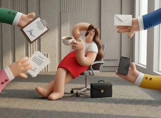 3D Cartoon Illustration of Relaxed Businesswoman Amidst Work Chaos