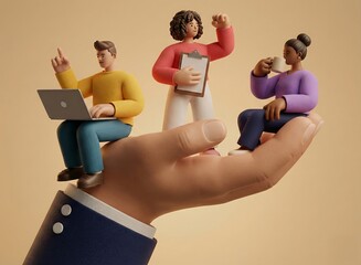 3D Cartoon Illustration of Giant Hand Supporting Small Team