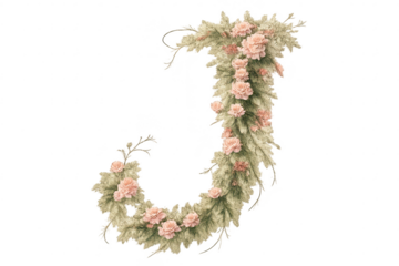 Floral Letter J with transparent background, roses and leaves design