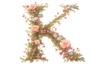 Floral Letter K with a transparent background, botanical design art